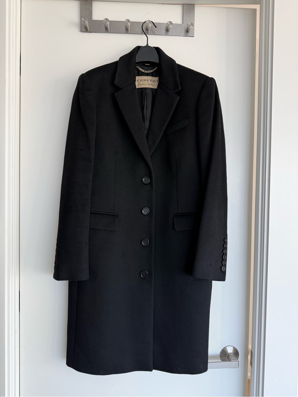 Burberry London Black Wool Cashmere Single-Breasted Long Coat with Check Lining
